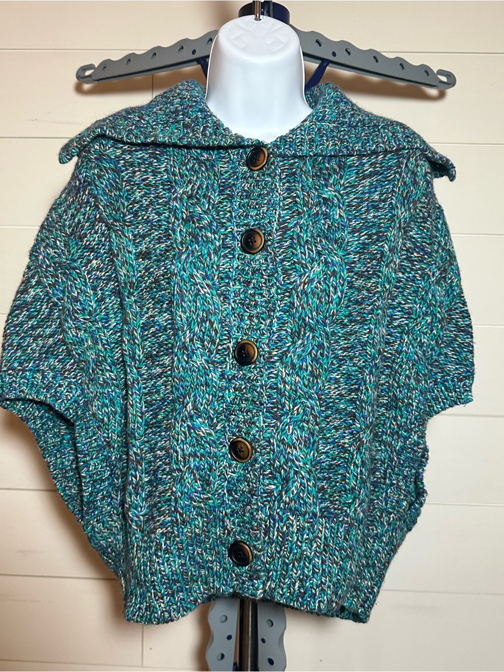 #223 Chunky Cable Knit Button-Front Women's Cape - Teal Multi